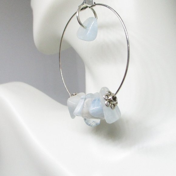 Women Hoop Stainless Steel Dangle Earrings with Natural Amazonite Chips - Picture 1 of 8
